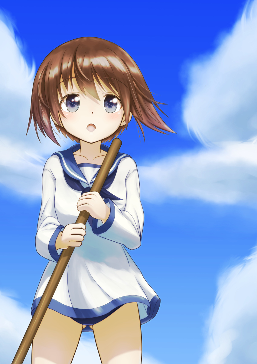 1girl, absurdres, black_neckerchief, blue_one-piece_swimsuit, blue_sailor_collar, blue_sky, broom, brown_eyes, brown_hair, clouds, day, highres, miyafuji_yoshika, neckerchief, old_school_swimsuit, one-piece_swimsuit, open_mouth, outdoors, sailor_collar, school_swimsuit, shionic_zm, shirt, short_hair, sky, solo, standing, strike_witches, swimsuit, swimsuit_under_clothes, white_shirt, world_witches_series