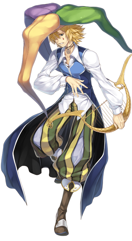 1boy, artist_request, baggy_pants, blonde_hair, blue_coat, blue_eyes, boots, bow_(weapon)
