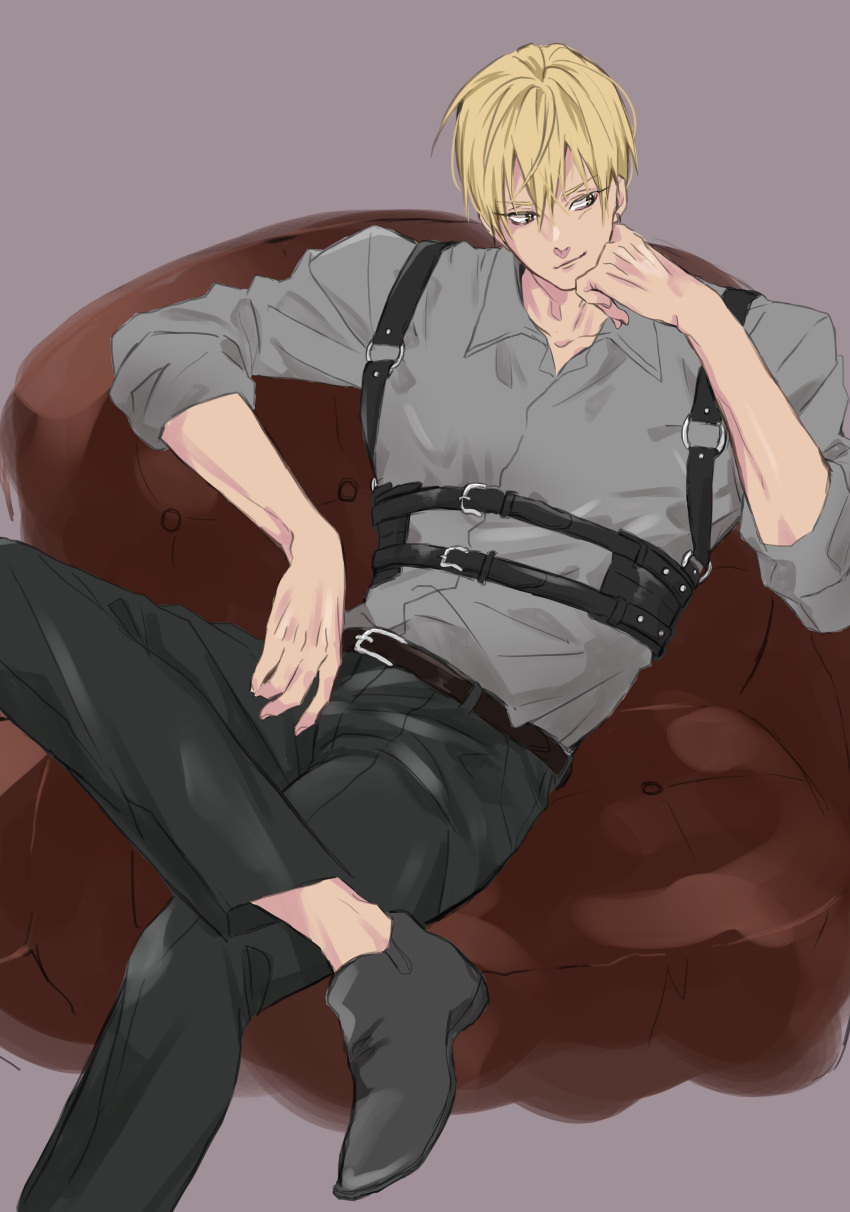 1boy, absurdres, arm_up, belt, belt_buckle, black_belt, black_footwear, black_pants
