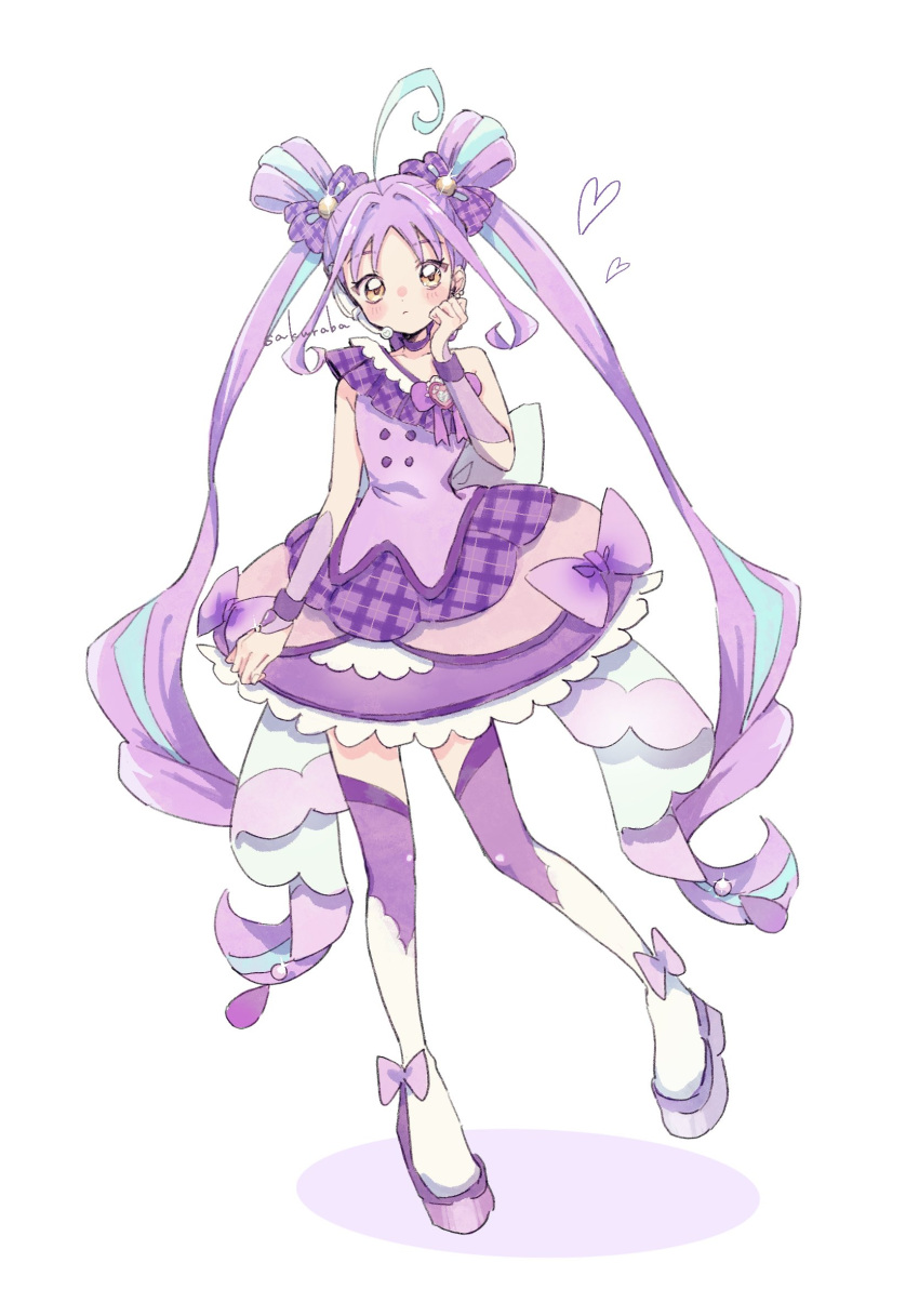 1girl, ahoge, arm_cuffs, artist_name, blue_hair, blue_streaks, boots, bow, bow_choker, brooch, buttons, choker, circle_skirt, closed_mouth, cure_kyunkyun, double-breasted, double_bun, dress, earpiece, flat_chest, footwear_bow, full_body, hair_bow, hair_bun, hand_up, heart, heart_brooch, highres, jewelry, kimi_to_idol_precure, long_hair, looking_at_viewer, magical_girl, multicolored_hair, plaid_bow, plaid_clothes, plaid_dress, precure, purple_bow, purple_choker, purple_dress, purple_hair, purple_thighhighs, sakuraba_wm, shigure_kokoro, simple_background, sleeveless, sleeveless_dress, solo, standing, standing_on_one_leg, streaked_hair, thighhighs, twintails, two-tone_hair, very_long_hair, white_background, white_footwear, yellow_eyes