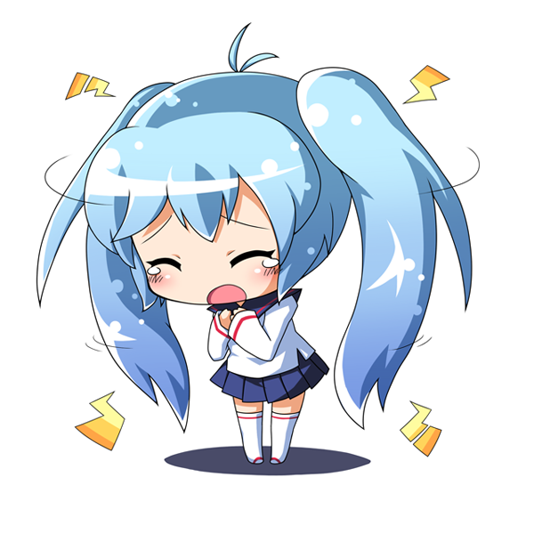 ahoge, alternate_costume, blue_hair, chibi, closed_eyes, eyes_closed, imaichi_moenai_ko, jinnouchi_akira, kobe_shimbun, kobe_shinbun, long_hair, open_mouth, school_uniform, skirt, solo, tears, thigh-highs, thighhighs, twintails, very_long_hair, zettai_ryouiki