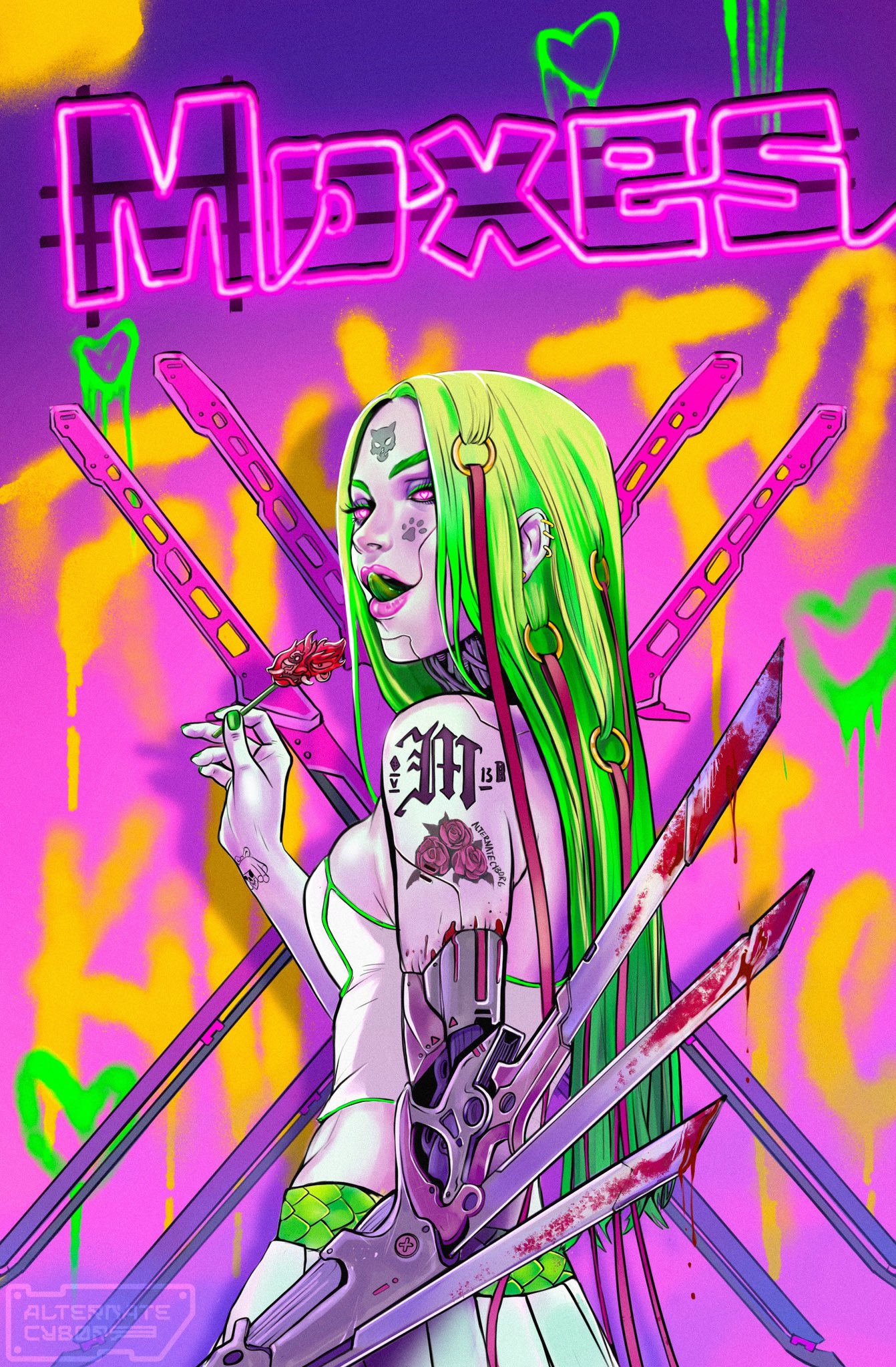 1girl, blood, blood_on_weapon, colored_tongue, cyberpunk, cyberpunk_(series), cyberpunk_2077, dilara_ozden, earrings, green_nails, green_tongue, heart, heart-shaped_pupils, highres, jewelry, long_hair, looking_at_viewer, looking_back, mantis_blades_(cyberpunk), neon_lights, pale_skin, pink_eyes, solo, symbol-shaped_pupils, upper_body, weapon