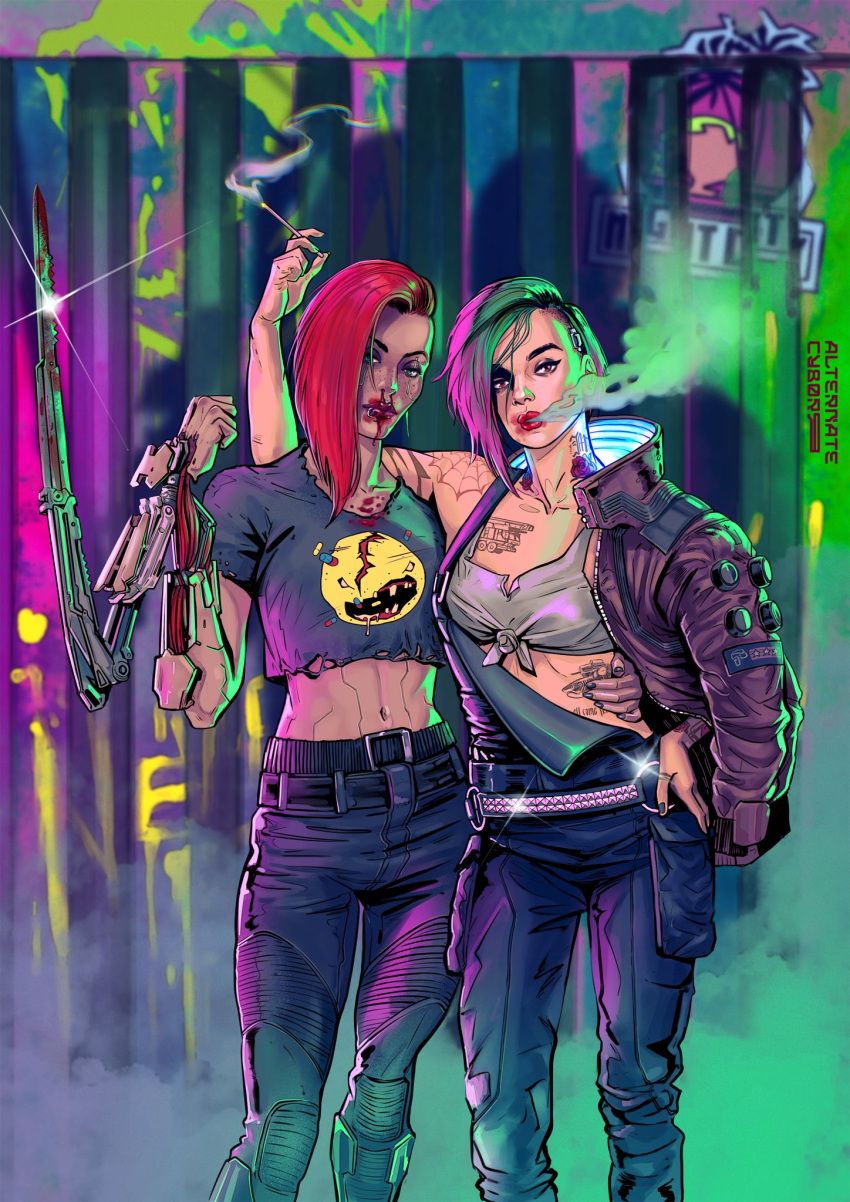 2girls, asymmetrical_hair, blood, blood_on_face, blue_pants, brown_eyes, brown_jacket, chest_tattoo, cigarette, crop_top, cyberpunk, cyberpunk_(series), cyberpunk_2077, dilara_ozden, green_eyes, green_hair, grey_shirt, highres, holding, holding_cigarette, jacket, judy_alvarez, looking_at_viewer, mantis_blades_(cyberpunk), midriff, multicolored_hair, multiple_girls, navel, nosebleed, open_clothes, open_jacket, pants, pink_hair, red_hair, shirt, short_sleeves, shoulder_tattoo, sidecut, smoking, spider_web_tattoo, stomach_tattoo, tattoo, tied_shirt, two-tone_hair, undercut, v_(cyberpunk), valerie_(cyberpunk)