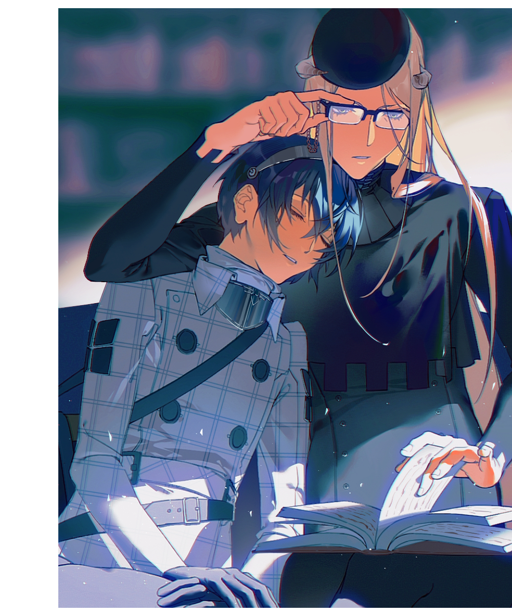 2boys, adjusting_eyewear, beret, black-footed_cat, black-framed_eyewear, black_capelet, black_gloves, black_hairband