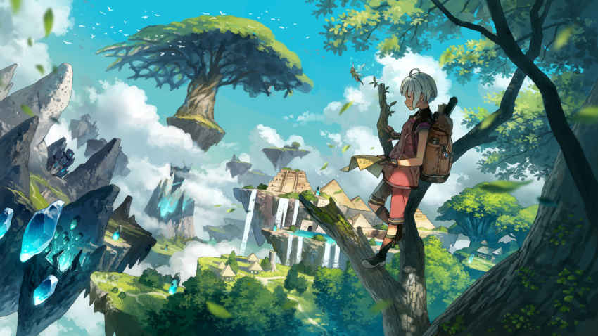 1boy, above_clouds, ahoge, architecture, backpack, bag, bird, blue_hair
