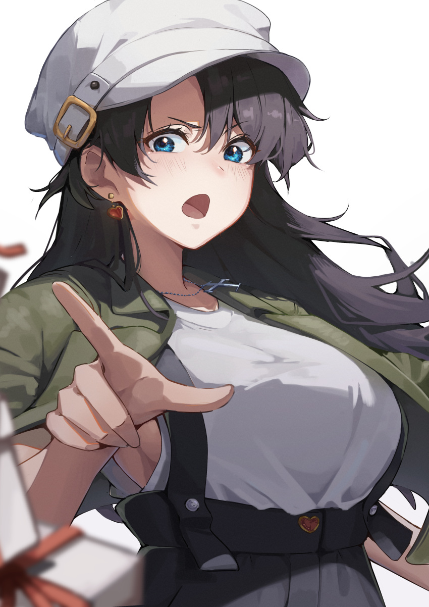 1girl, absurdres, alternate_costume, bambietta_basterbine, black_hair, black_skirt, bleach, bleach:_sennen_kessen-hen, blue_eyes, blurry, blush, box, breasts, commentary_request, contemporary, cross, cross_necklace, depth_of_field, earrings, eyelashes, floating_hair, frown, green_jacket, hair_between_eyes, hand_up, hat, heart, heart_earrings, high-waist_skirt, highres, index_finger_raised, jacket, jewelry, large_breasts, lavi_0217, long_hair, looking_at_viewer, necklace, open_clothes, open_jacket, open_mouth, peaked_cap, pointing, pointing_at_viewer, shirt, simple_background, skirt, solo, suspender_skirt, suspenders, tomboy, upper_body, v-shaped_eyebrows, white_background, white_hat, white_shirt