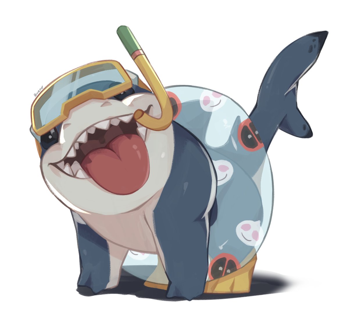 1boy, artist_name, bweno_v, deadpool, english_commentary, fangs, fins, fish_tail, goggles, goggles_on_head, gwenpool, inflatable_toy, jeff_the_land_shark, looking_at_viewer, male_focus, marvel, marvel_rivals, open_mouth, shark, shark_fin, shark_tail, snorkel, tail, tongue, tongue_out, white_background