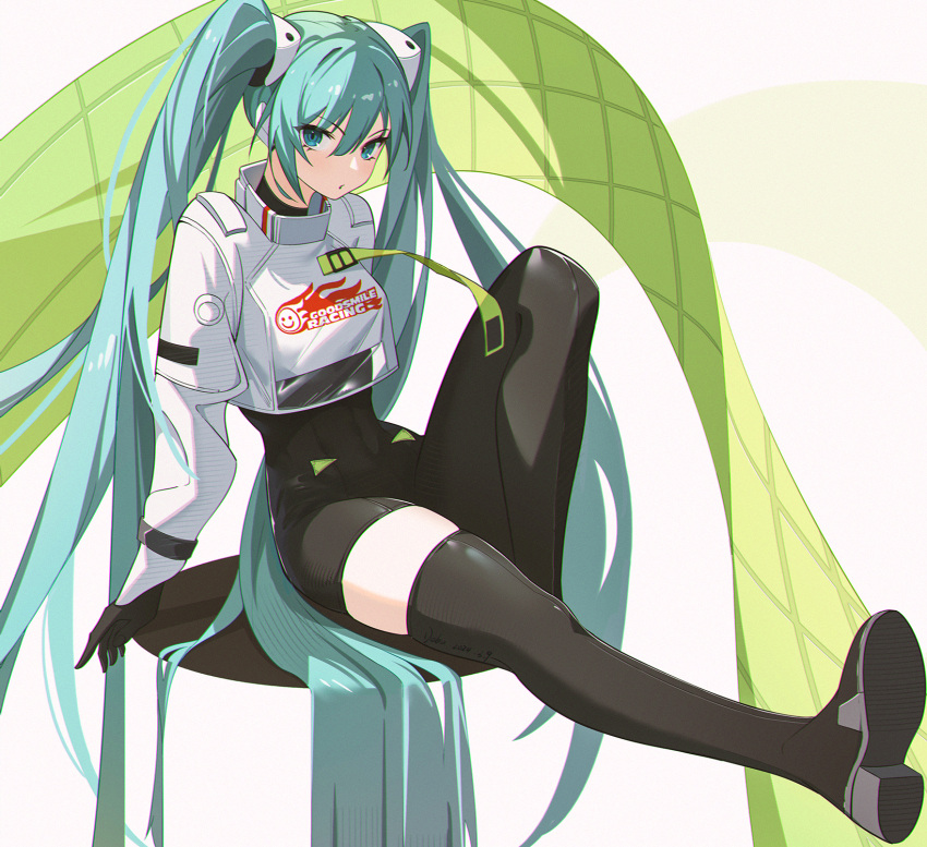 1girl, :o, black_bodysuit, black_gloves, black_thighhighs, blue_eyes, blue_hair, bodysuit