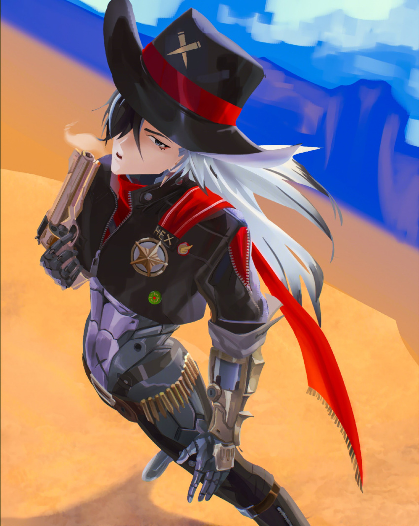 absurdres, boothill_(honkai:_star_rail), bullet_earrings, cowboy, cowboy_hat, cyborg, earrings, grey_armor