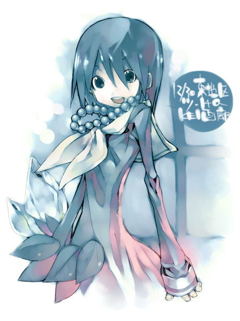 1girl, :d, bad_id, bead_necklace, beads, commentary_request, dress, hair_between_eyes