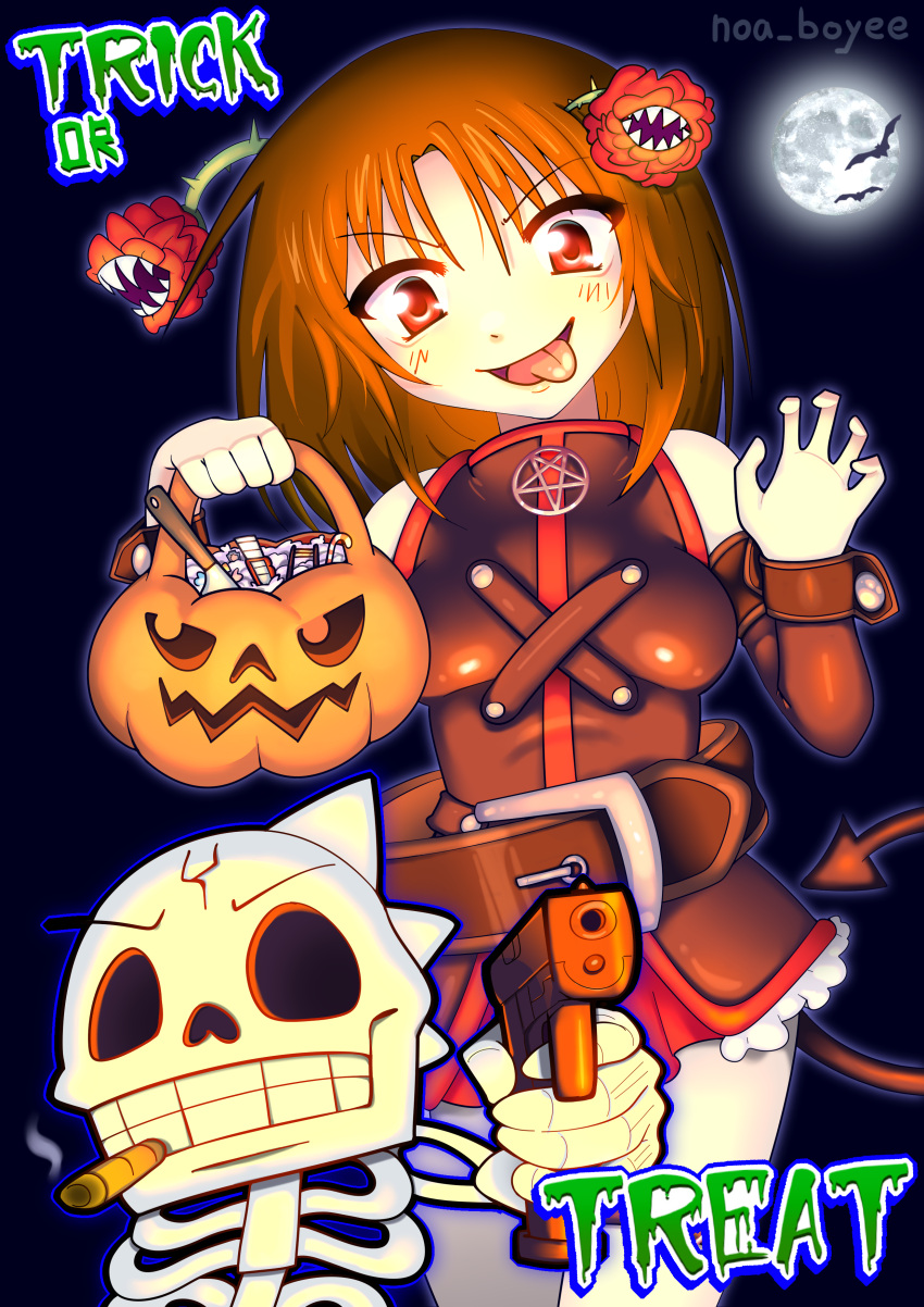 big_belt, brown_hair, busuko_(the_toxic_waltz), demon_tail, digital_media, gun, halloween, halloween_basket
