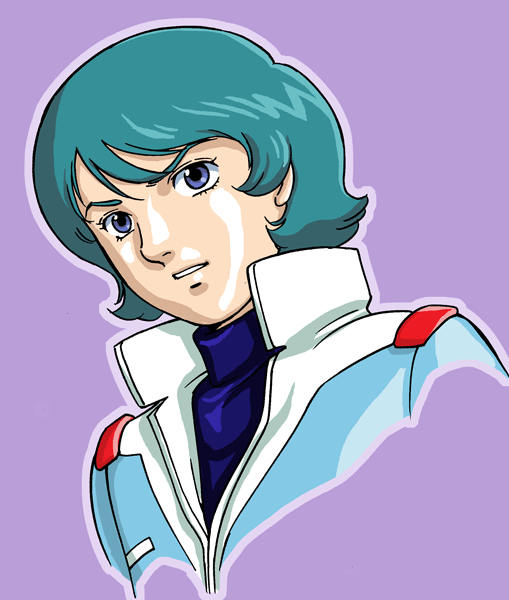 1boy, aeug, blue_eyes, blue_hair, commentary, grin, gundam, kamille_bidan