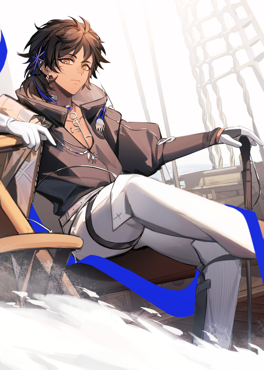 1boy, absurdres, arknights, bright_pupils, brown_hair, brown_shirt, chinese_commentary, closed_mouth, commentary_request, earrings, gloves, hair_ornament, high_collar, highres, jewelry, long_sleeves, looking_at_viewer, male_focus, orange_eyes, pants, re_gaihuaqiti, shirt, short_hair, sitting, solo, thigh_strap, thorns_(arknights), thorns_the_lodestar_(arknights), white_gloves, white_pants, white_pupils