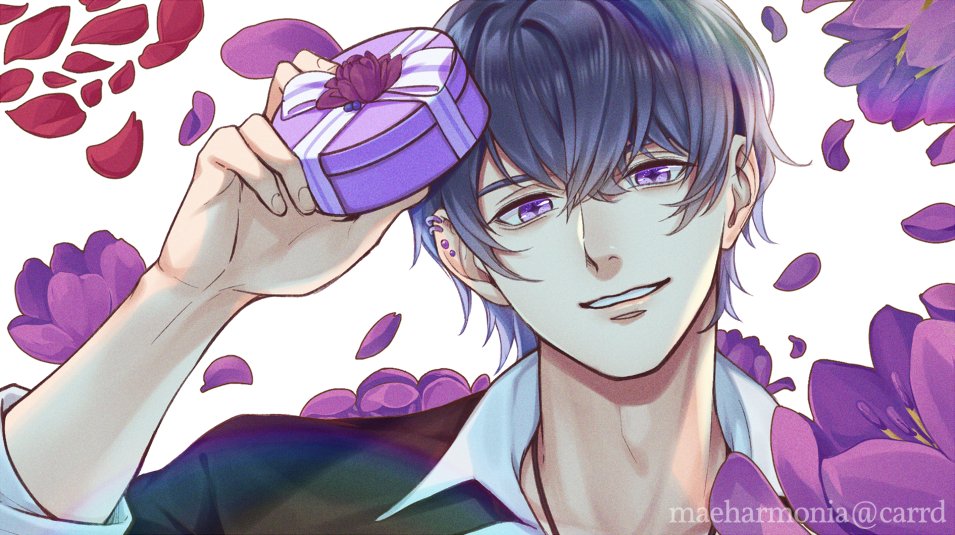 1boy, arm_up, black_hair, black_shirt, box, flower, gift, gift_box