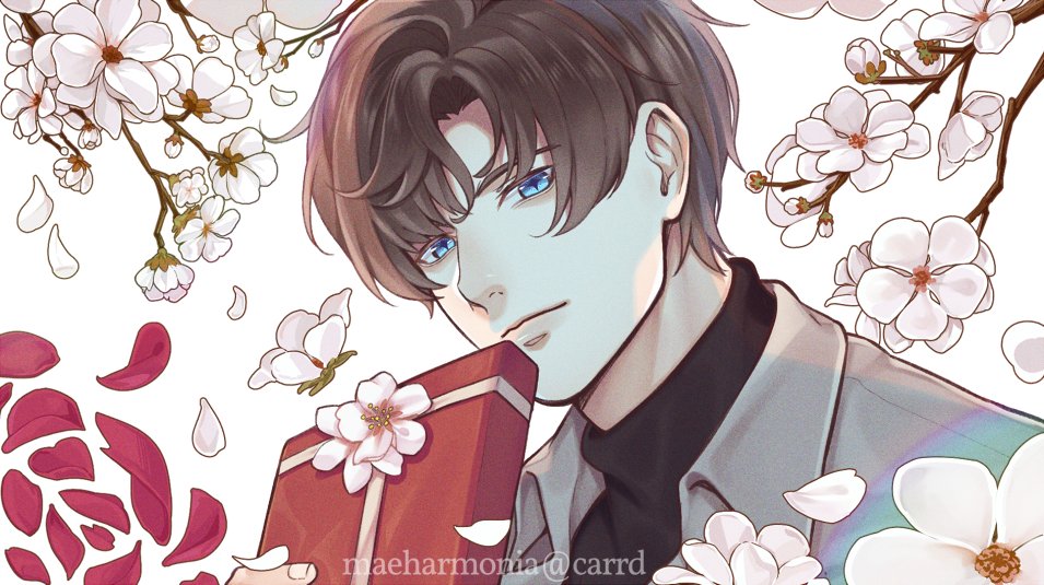 1boy, artem_wing_(tears_of_themis), black_shirt, blue_eyes, box, branch, brown_hair, closed_mouth