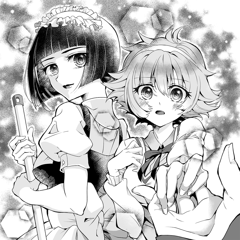 2girls, awayuki_himeno, bob_cut, foreshortening, greyscale, hairband, lipstick, looking_at_viewer