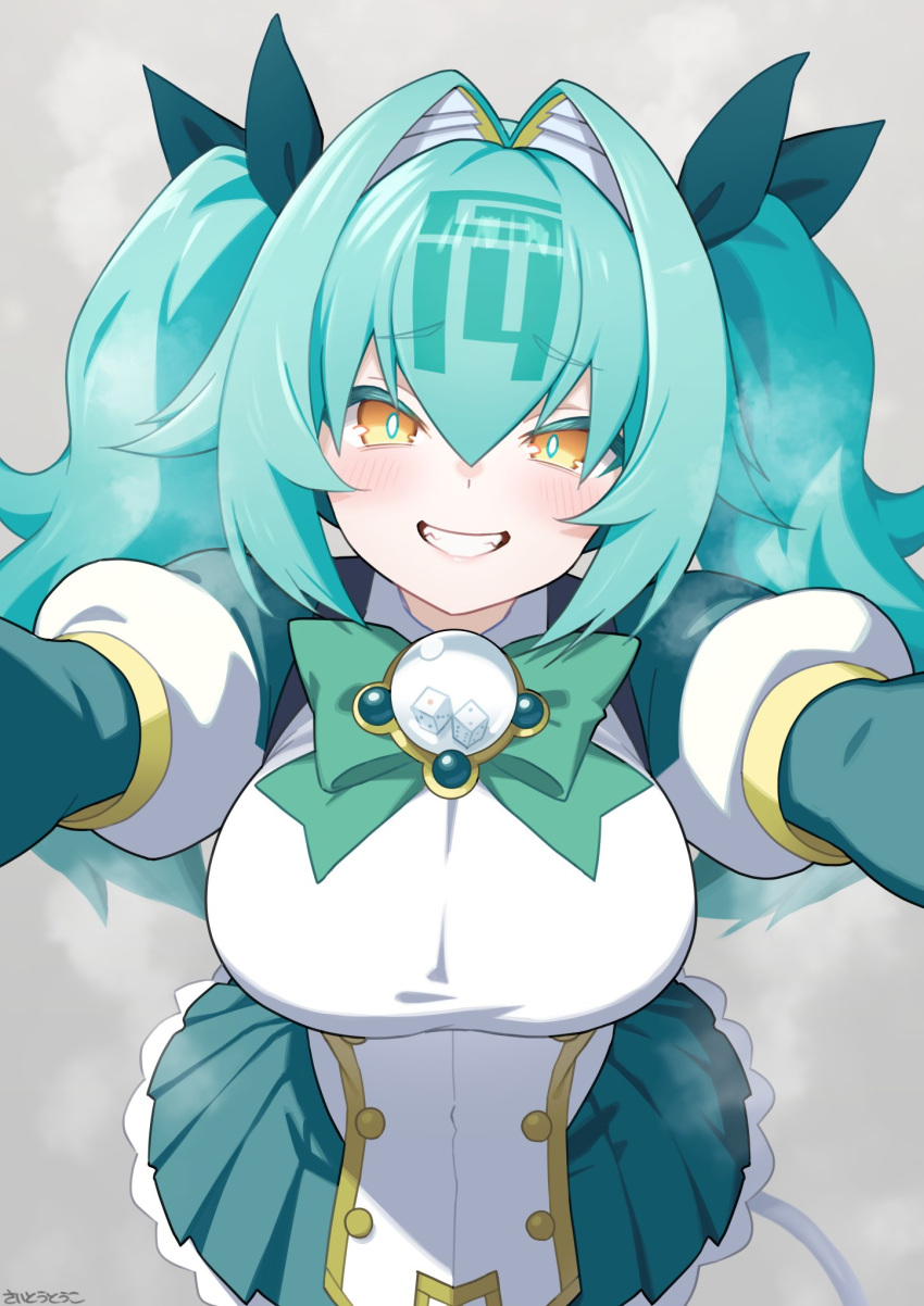 1girl, blue_hair, blue_ribbon, bow, breasts, brown_eyes, commentary_request, copyright_request, dice, g-14_iyo, green_bow, green_skirt, grey_background, grin, hair_between_eyes, hair_intakes, hair_ribbon, highres, large_breasts, layered_sleeves, long_hair, long_sleeves, looking_at_viewer, mahjong_fight_girl, pleated_skirt, puffy_short_sleeves, puffy_sleeves, ribbon, saitou_touko, shirt, short_over_long_sleeves, short_sleeves, skirt, smile, solo, steam, twintails, white_shirt