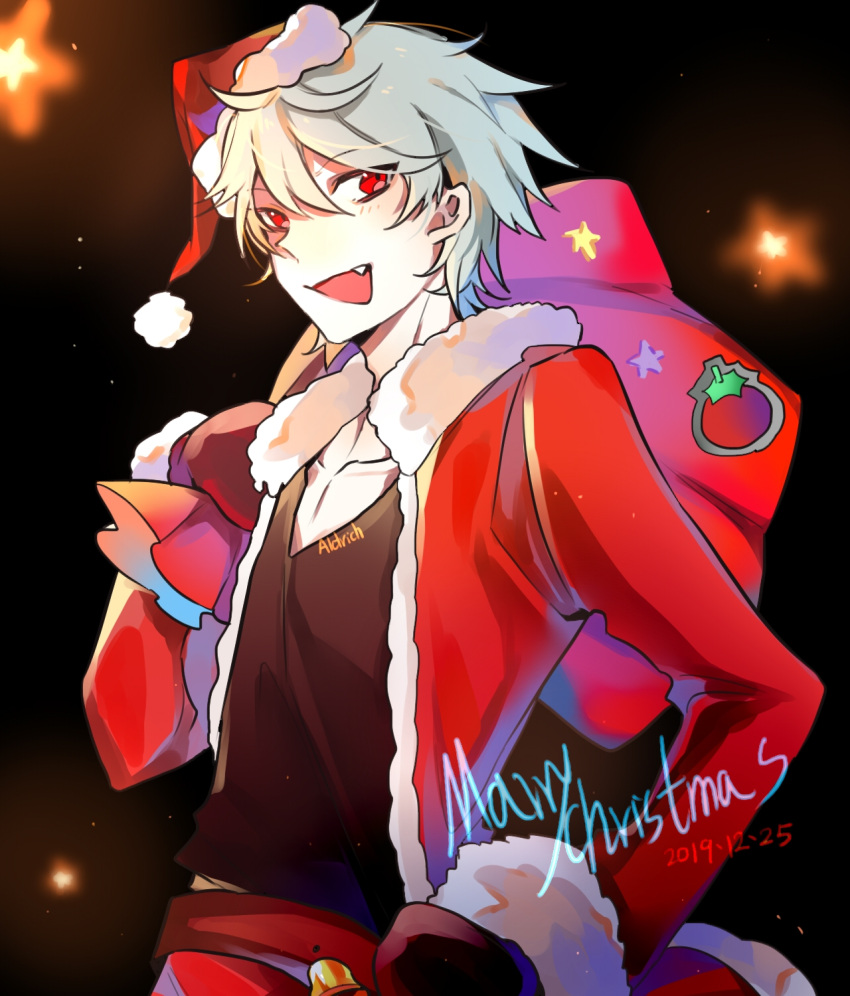 1boy, aldrich_(forever_7th_capital), black_shirt, chinese_commentary, christmas, collarbone, commentary_request, dated, english_text, fang, forever_7th_capital, fur-trimmed_headwear, fur-trimmed_jacket, fur-trimmed_sleeves, fur_trim, grey_hair, hat, highres, holding, holding_sack, jacket, long_sleeves, male_focus, merry_christmas, mittens, open_clothes, open_jacket, open_mouth, pants, red_eyes, red_hat, red_jacket, red_mittens, red_pants, sack, santa_hat, shirt, short_hair, smile, solo, star_(symbol), tie_fei_wu_mang_dashuai, upper_body, v-neck