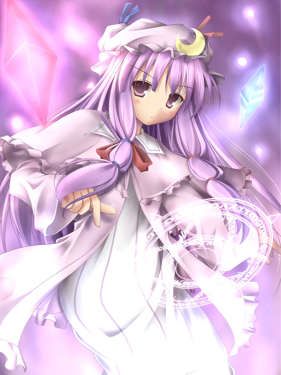 hakurei_reimu, highres, magic_circle, muusu, patchouli_knowledge, purple_eyes, purple_hair, solo