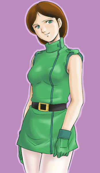 1980s_(style), aeug, bare_shoulders, belt, brown_hair, commentary, emma_sheen, gloves