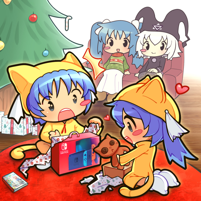 cat_ears, cat_tail, christmas, christmas_sweater, christmas_tree, gift, gift_box, mayura, nekoko_and_shota_(ukagaka), nintendo_switch, plush, sakura_nini_(ukagaka), sitting, sitting_on_floor, sitting_on_sofa, smile, surprised, twintails, ukagaka