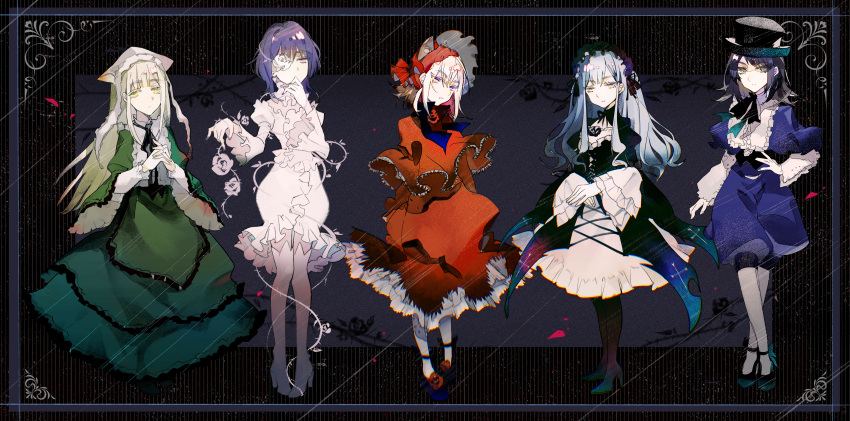5girls, absurdres, ave_mujica_(bang_dream!), bang_dream!, bang_dream!_it's_mygo!!!!!, black_dress, black_footwear, black_hat
