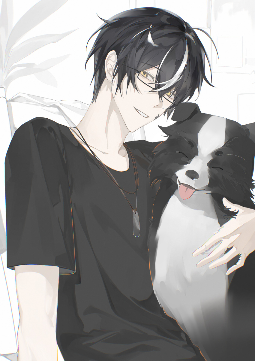 1boy, absurdres, black_hair, black_shirt, chinese_commentary, commentary_request, crossed_bangs, dog