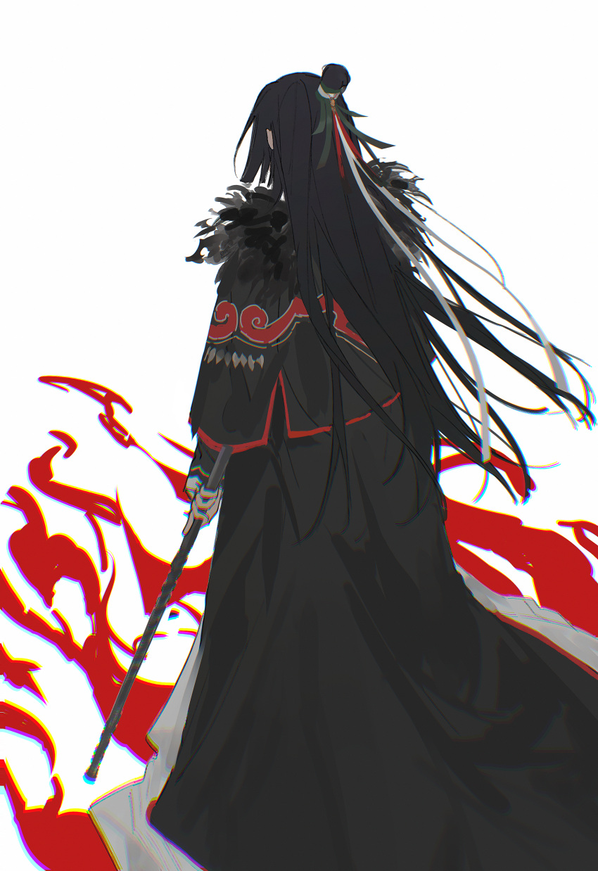 1boy, absurdres, black_capelet, black_coat, black_hair, capelet, chinese_commentary, chromatic_aberration, coat, commentary_request, fate/grand_order, fate_(series), fire, fur-trimmed_capelet, fur_trim, hair_bun, hair_ribbon, highres, holding, holding_staff, jiangyueegoshi, long_hair, long_sleeves, male_focus, red_ribbon, red_trim, ribbon, single_hair_bun, solo, staff, taigong_wang_(fate), white_background