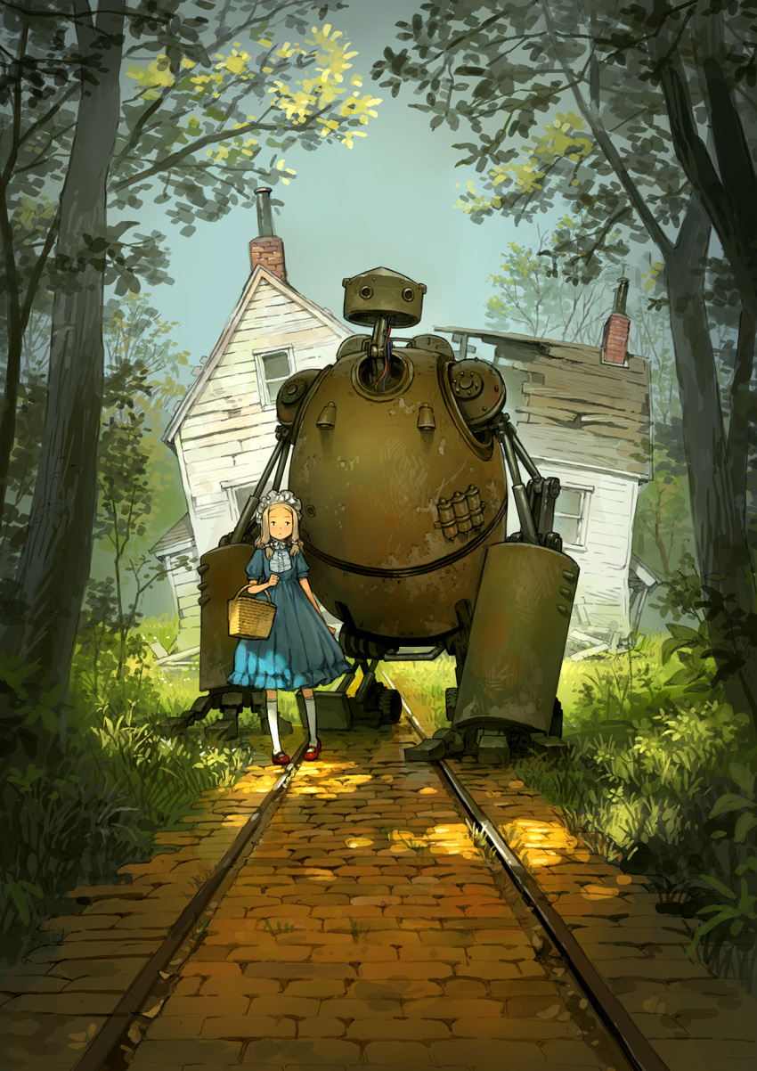 1girl, all_fours, basket, blonde_hair, blue_dress, blue_sky, bonnet, bow, cable, chimney, commentary, damaged, dappled_sunlight, day, dorothy_gale, dress, english_commentary, exposed_internal_machinery, facing_viewer, forest, grass, hair_bow, highres, holding, holding_basket, house, mary_janes, mechanical_arms, mechanical_legs, medium_hair, multiple_hair_bows, nature, outdoors, overgrown, railroad_tracks, red_footwear, robot, rubble, ruins, rust, shoes, sky, socks, standing, sunlight, the_wizard_of_oz, tin_man_(the_wizard_of_oz), tree, white_bonnet, white_bow, white_socks, yellow_brick_road, yoshida_seiji