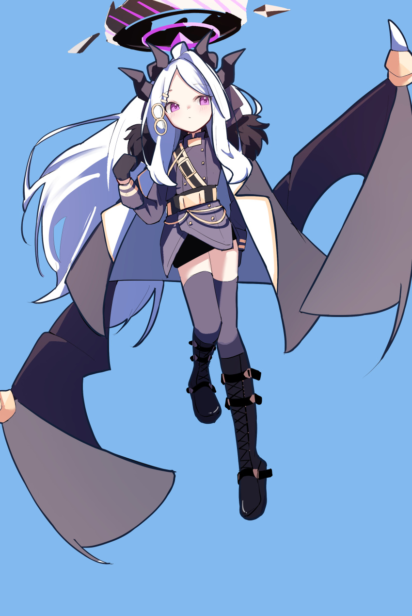 1girl, absurdres, ahoge, aoi_(swoi_ekk), black_footwear, black_gloves, black_jacket, black_skirt, black_wings, blue_archive, blue_background, boots, closed_mouth, commentary_request, cross-laced_footwear, fur-trimmed_jacket, fur_trim, gloves, grey_jacket, grey_thighhighs, halo, hand_up, highres, hina_(blue_archive), horns, jacket, jacket_on_shoulders, lace-up_boots, long_hair, low_wings, parted_bangs, pink_eyes, simple_background, single_hair_intake, skirt, solo, thigh-highs, thighhighs_under_boots, very_long_hair, white_hair, wings
