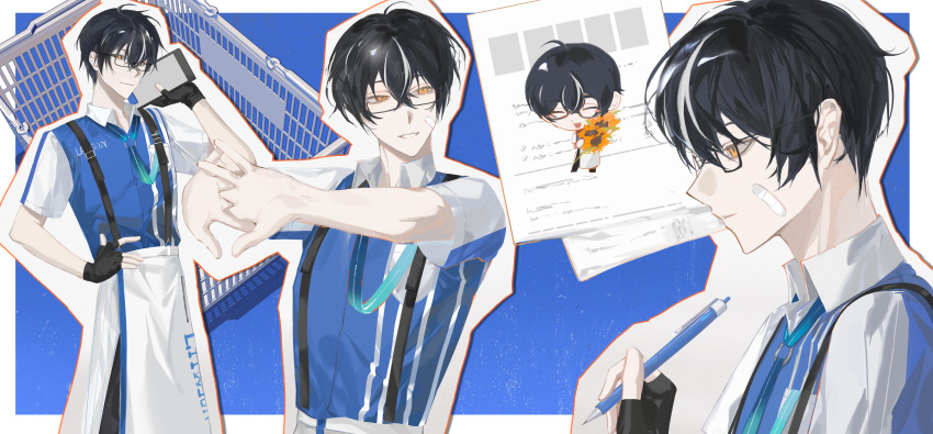 1boy, absurdres, apron, bandaid, bandaid_on_cheek, bandaid_on_face, black_gloves, black_hair