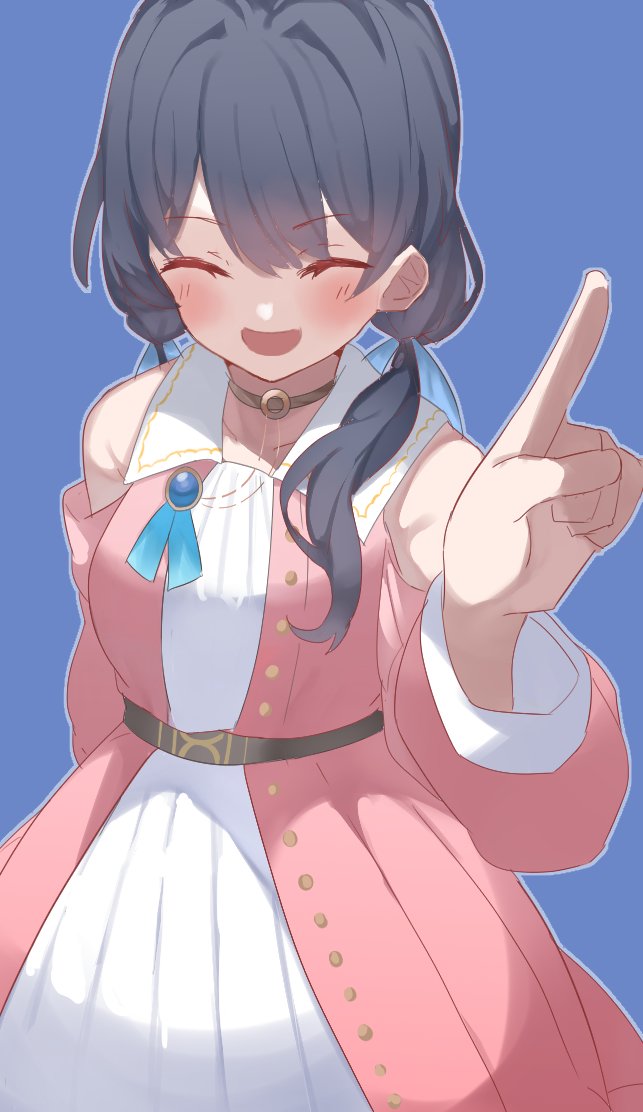 1girl, :d, ^_^, blue_background, blue_hair, blue_ribbon, blush, closed_eyes