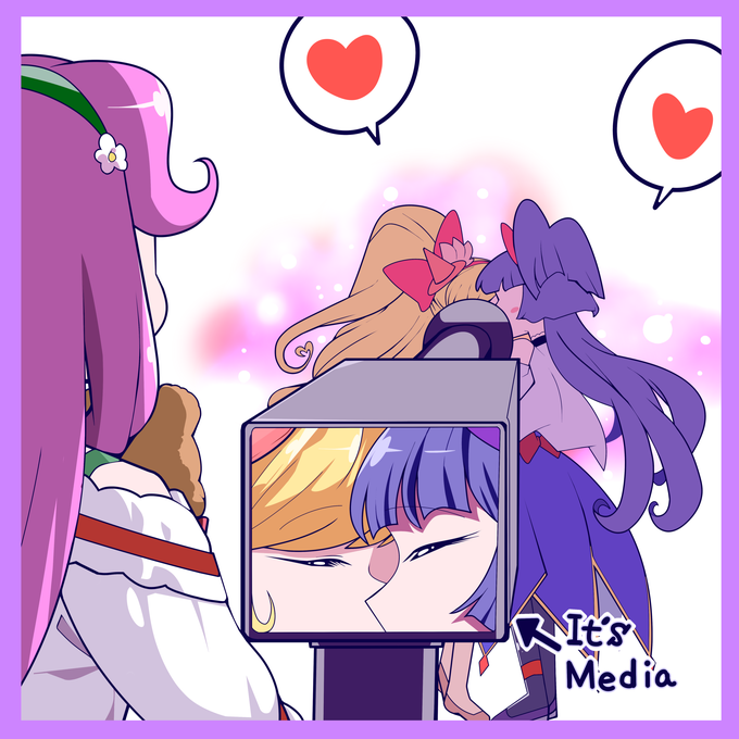 3girls, asahina_mirai, blonde_hair, border, bow, camera, closed_eyes, cure_magical