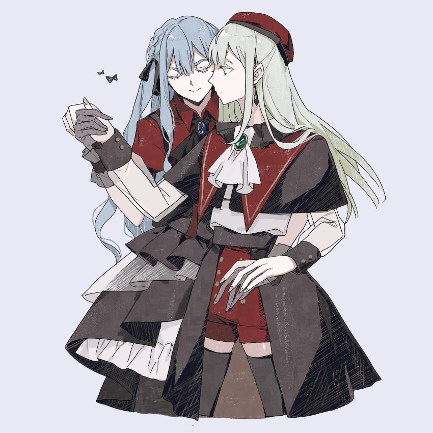 2girls, ascot, bang_dream!, bang_dream!_it's_mygo!!!!!, black_ascot, black_capelet, black_gloves, black_skirt