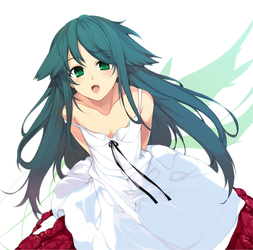 aburidashi_zakuro, bare_shoulders, dress, flat_chest, green_eyes, green_hair, long_hair, saya