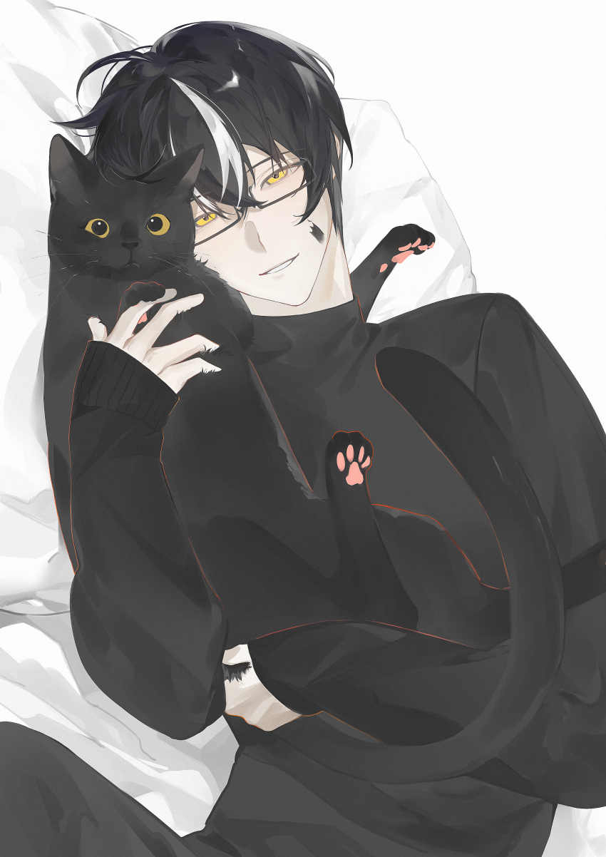1boy, absurdres, animal, black-framed_eyewear, black_cat, black_hair, black_pants, black_shirt