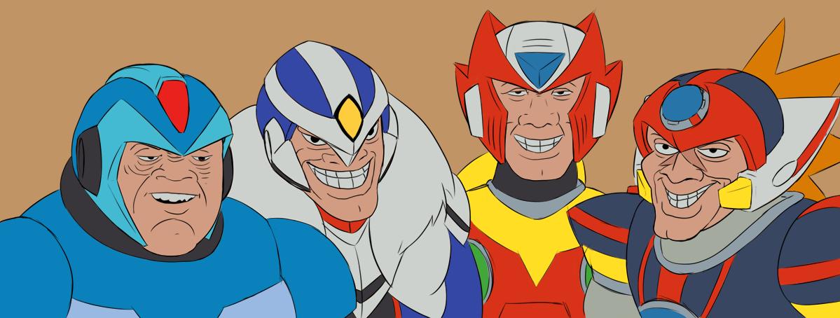 4boys, android, axl_(mega_man), blonde_hair, commentary, derivative_work, english_commentary, essai