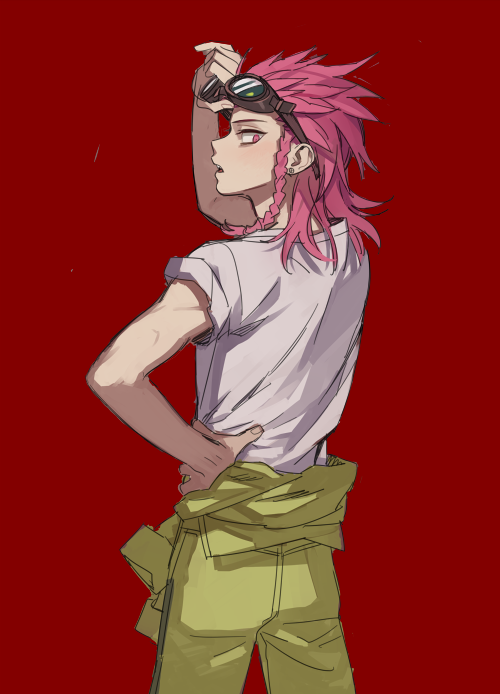 1boy, adjusting_goggles, arm_up, braid, commentary_request, cowboy_shot, danganronpa_(series), danganronpa_2:_goodbye_despair