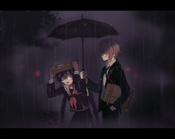 1boy, 1girl, arms_up, bag, black_hair, black_jacket, black_pants, black_serafuku