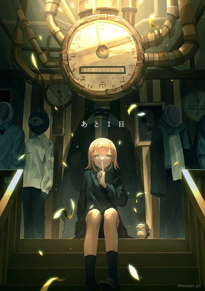 1boy, 1girl, absurdres, black_footwear, black_shirt, black_socks, blonde_hair, blue_eyes