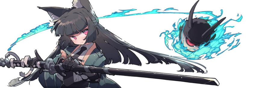 1girl, animal_ear_fluff, animal_ears, black_gloves, black_hair, black_necktie, blue_fire, blunt_bangs