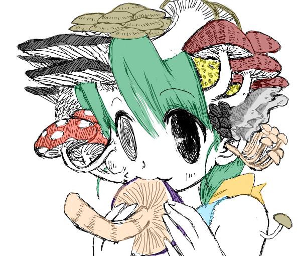 1girl, @_@, bad_drawr_id, bad_id, bare_shoulders, black_eyes, body_horror, desu_(nokipu), eating, fly_agaric, fungal_growth, green_hair, hands_up, holding, holding_mushroom, mushroom, mushroom_on_head, oekaki, original, short_hair, simple_background, solo, too_many_mushrooms, white_background