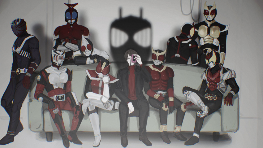 6+boys, absurdres, armor, camera, couch, highres, holding, holding_camera, kadoya_tsukasa, kamen_rider, kamen_rider_555, kamen_rider_agito, kamen_rider_agito_(series), kamen_rider_blade, kamen_rider_blade_(series), kamen_rider_dcd, kamen_rider_decade, kamen_rider_den-o, kamen_rider_den-o_(series), kamen_rider_faiz, kamen_rider_hibiki, kamen_rider_hibiki_(series), kamen_rider_kabuto, kamen_rider_kabuto_(series), kamen_rider_kiva, kamen_rider_kiva_(series), kamen_rider_kuuga, kamen_rider_kuuga_(series), kamen_rider_ryuki, kamen_rider_ryuki_(series), male_focus, multiple_boys, sch1z0_dipshit, silhouette, sitting