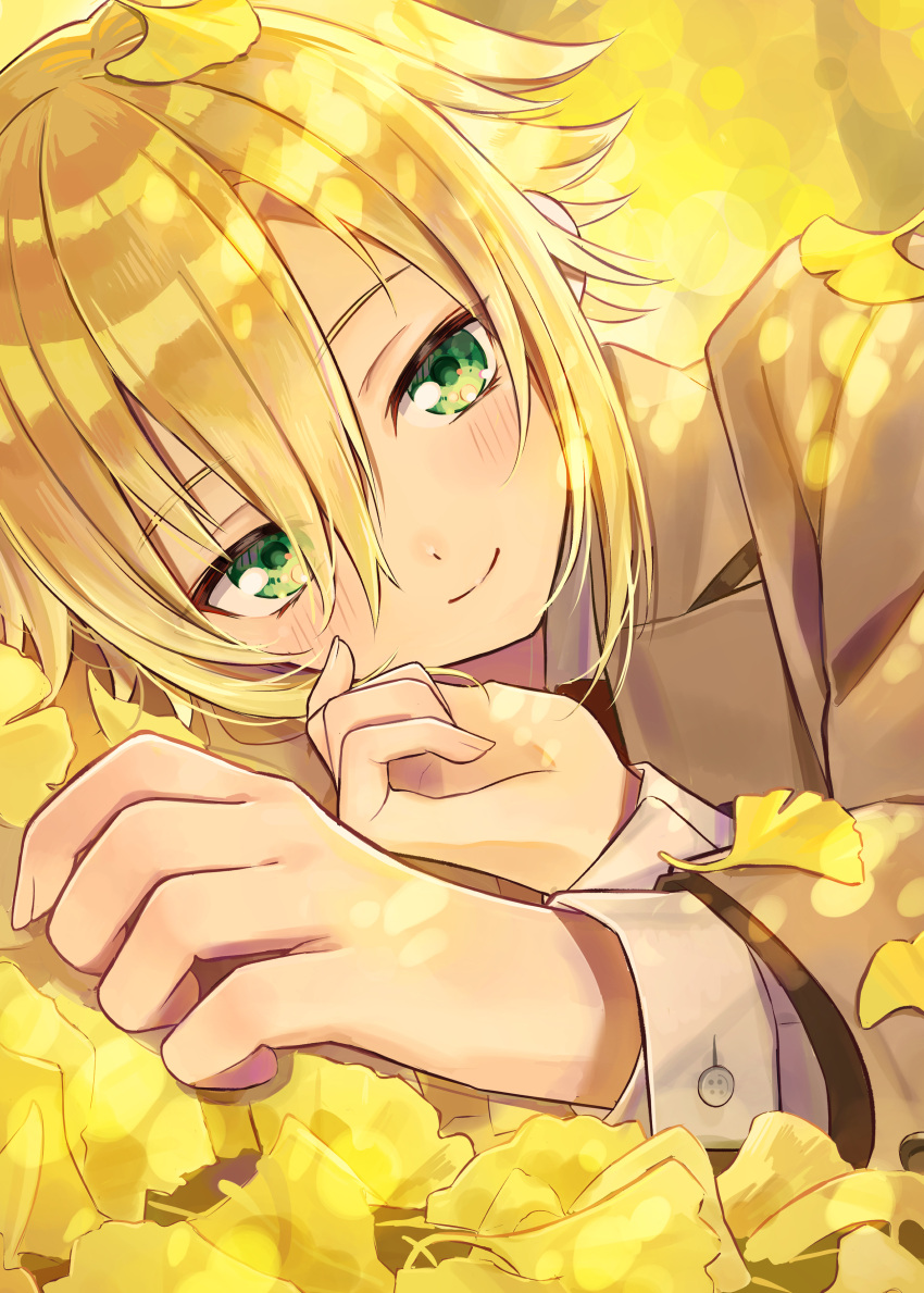 1boy, absurdres, bishounen, blazer, blonde_hair, brown_jacket, closed_mouth, collared_shirt