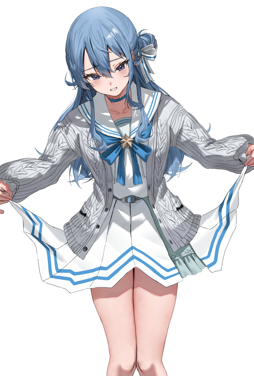 1girl, absurdres, alternate_hairstyle, belt, blue_belt, blue_bow, blue_bowtie, blue_choker