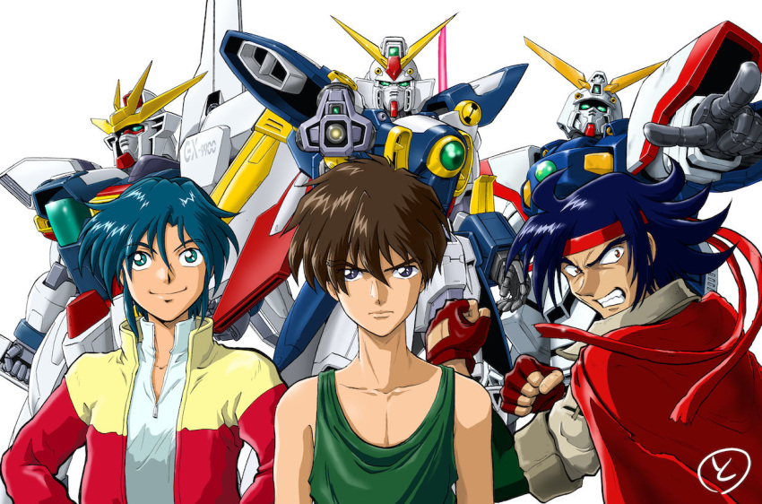 3boys, after_war_gundam_x, black_hair, blue_eyes, brown_hair, buster_rifle, crossover, domon_kasshu