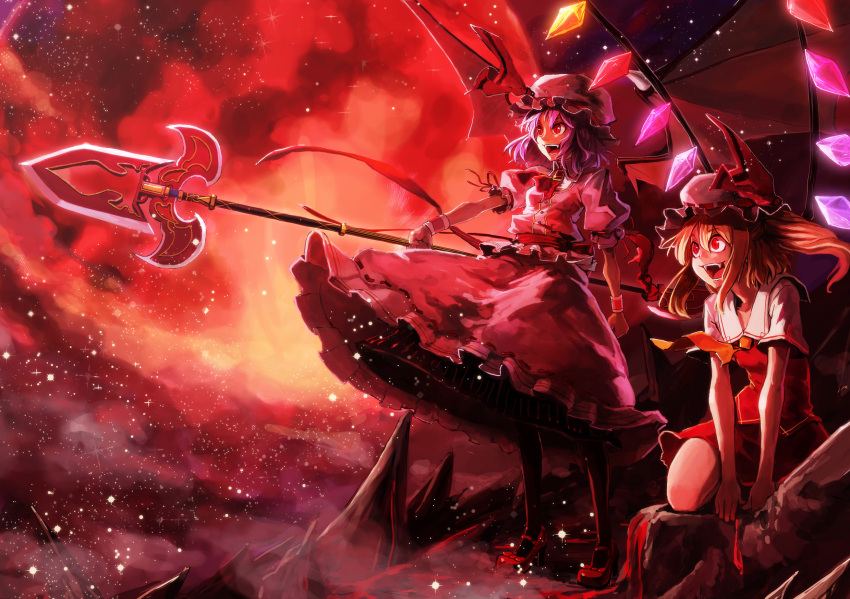 blonde_hair, dress, fangs, flandre_scarlet, hat, highres, holysnow, multiple_girls