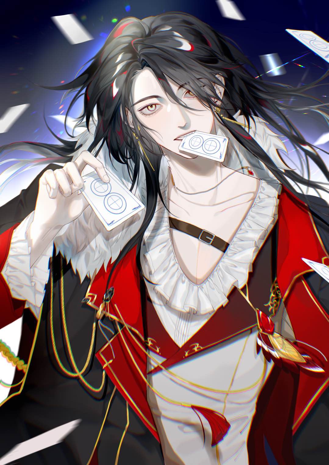 1boy, black_hair, black_jacket, card, card_in_mouth, chinese_commentary, commentary_request, earrings