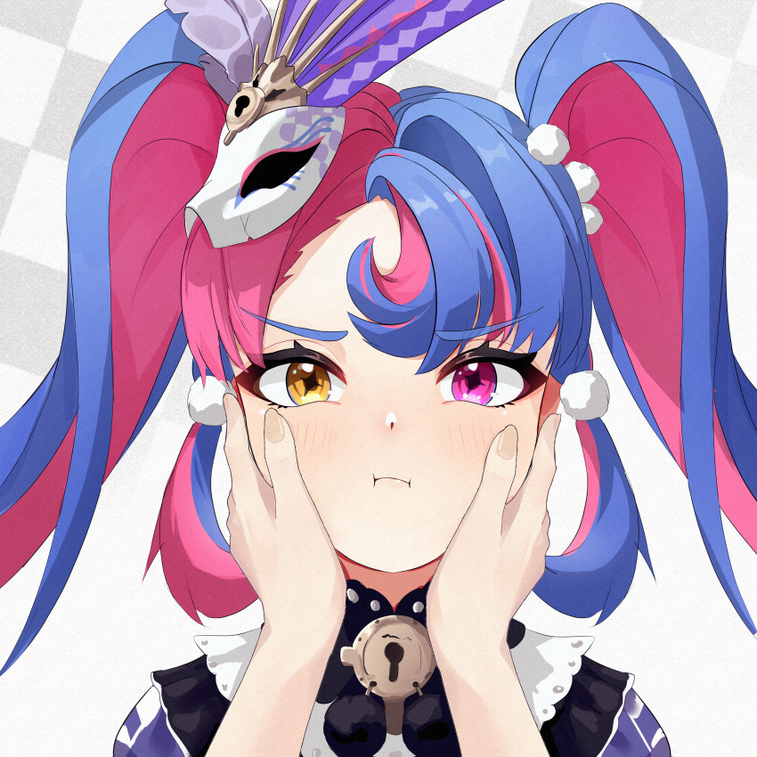 2girls, absurdres, blush, chen_kang, fingernails, hair_between_eyes, heterochromia, highres, jewelry, keyhole, long_hair, looking_at_viewer, mask, mask_on_head, multicolored_hair, multiple_girls, pink_eyes, pink_hair, pout, pov, purple_hair, ring, roccia_(wuthering_waves), shirt, symbol-shaped_pupils, twintails, two-tone_hair, upper_body, white_background, white_shirt, wuthering_waves, x-shaped_pupils, yellow_eyes