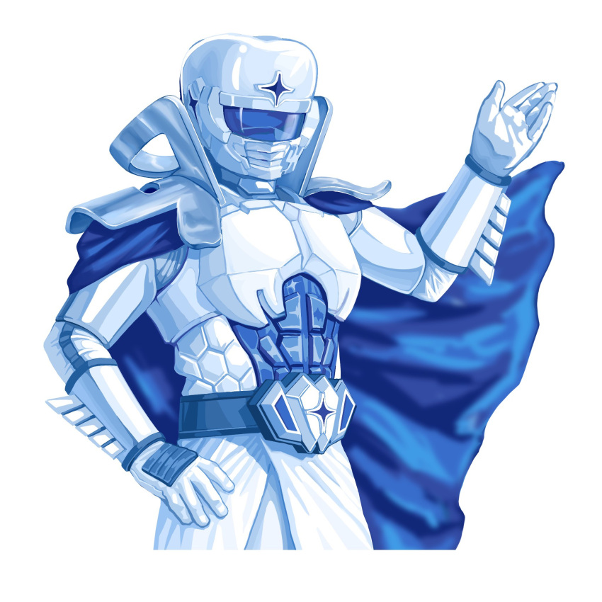 1boy, armor, belt, blue_theme, cape, cropped_legs, dentman, gloves